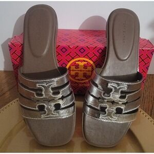 Tory Burch Ines Flat Slide Sandals Metallic Silver Leather Logo 6.5 89113 B24